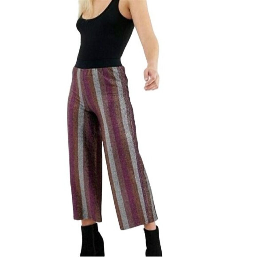 ASOS DESIGN Shimmering Multicolor Metallic Striped Wide-Leg Pants Women Size‎ 2